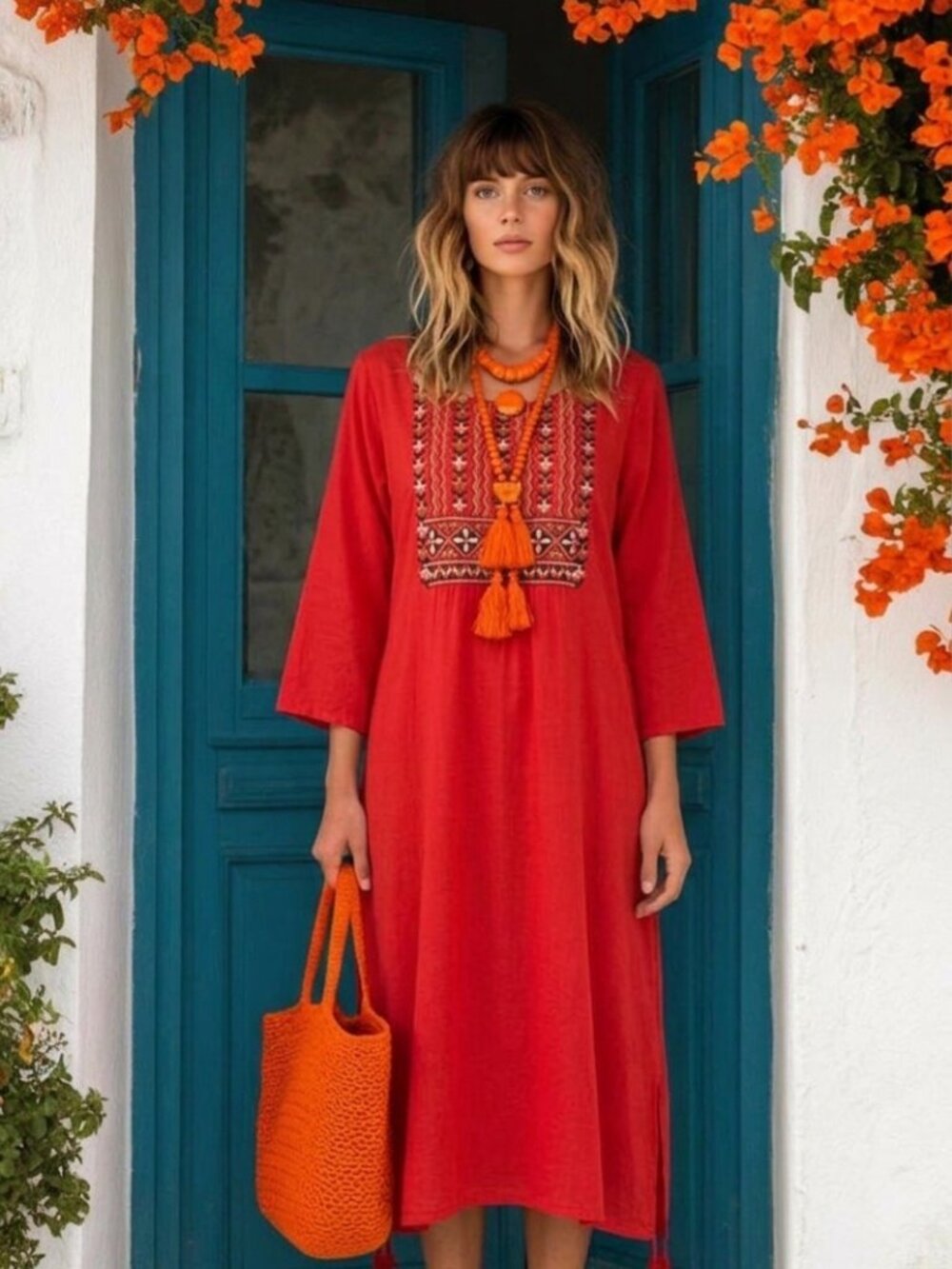Melange Embroidered Tunic Dress Womens L Boho Red Midi Viscose Lagenlook Summer